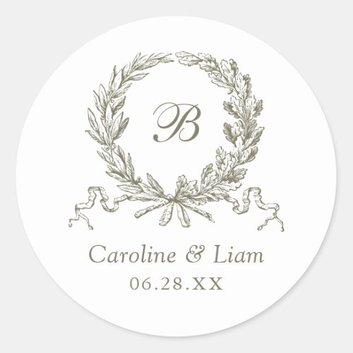 Elegant Olive Oak Wreath Sage Wedding Monogram Classic Round Sticker