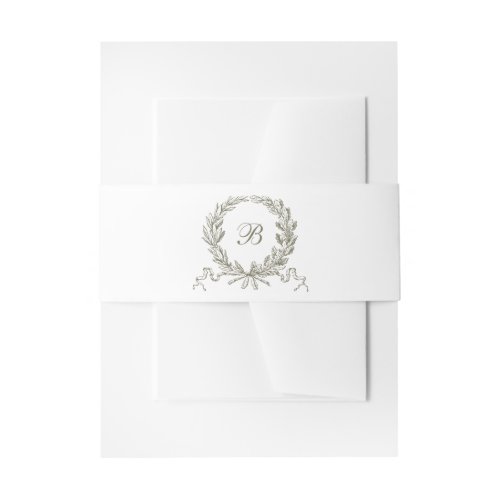 Elegant Olive Oak Wreath Sage Wedding Monogram Invitation Belly Band