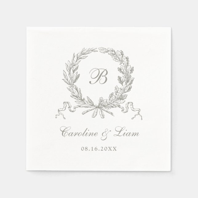 Elegant Olive Oak Wreath Vintage Wedding Monogram Napkins (Front)