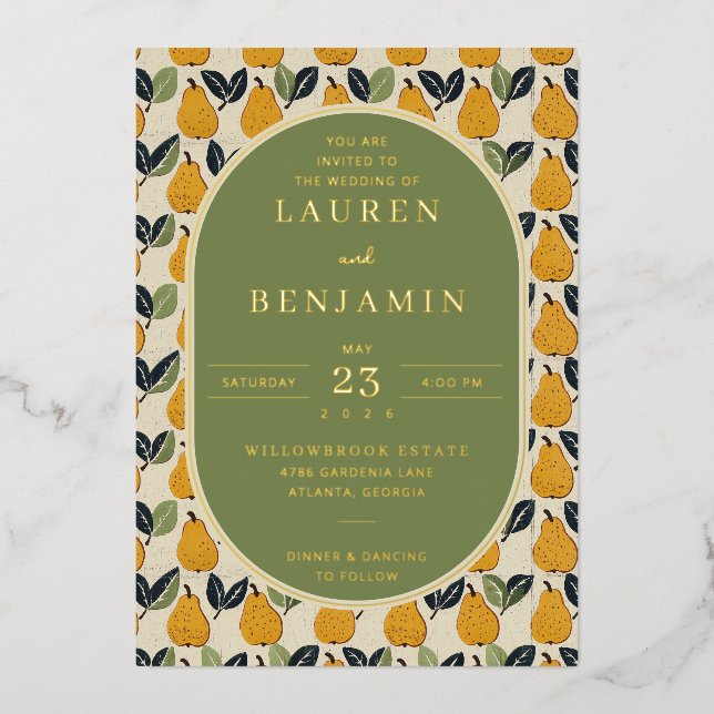 Elegant Olive Pear Illustration Foil Invitation (Front)