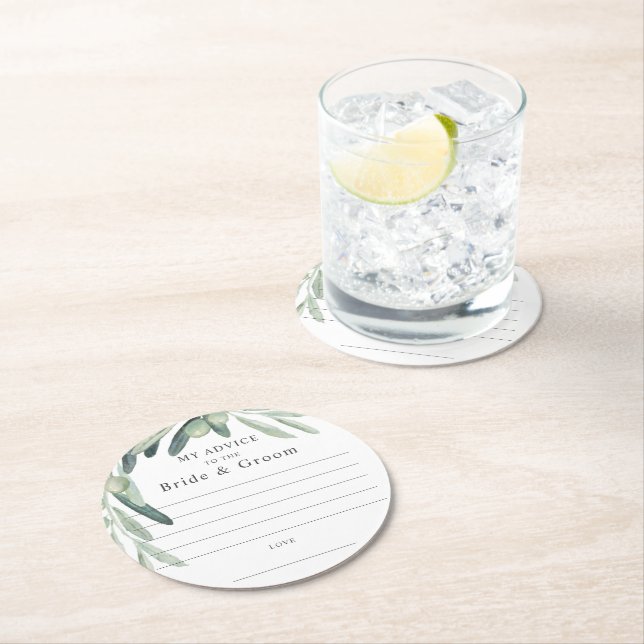 Elegant Olive Sprig Advice Bride Groom Favor Round Paper Coaster (Insitu)