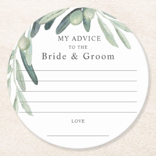 Elegant Olive Sprig Advice Bride Groom Favor Round Paper Coaster
