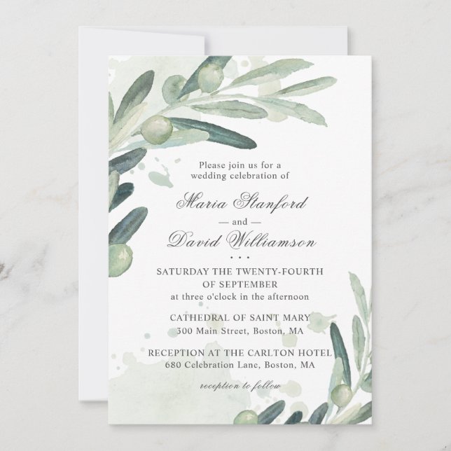 Elegant Olive Sprig Branch Greenery Wedding Invitation (Front)