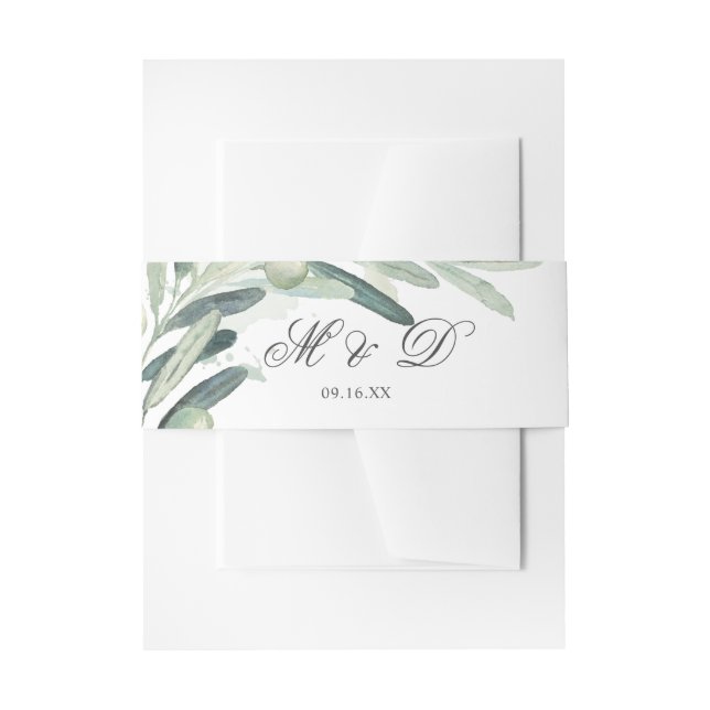 Elegant Olive Sprig Branch Greenery Wedding Invitation Belly Band (Front Example)