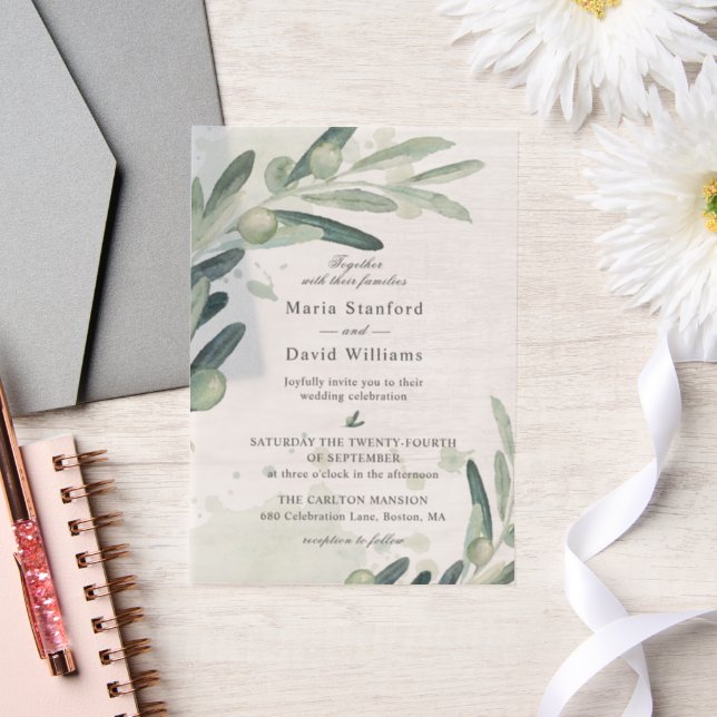Elegant Olive Sprig Branch Wedding Vellum Invitations (Wedding)