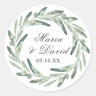 Elegant Olive Sprig Greenery Script Classic Round Sticker
