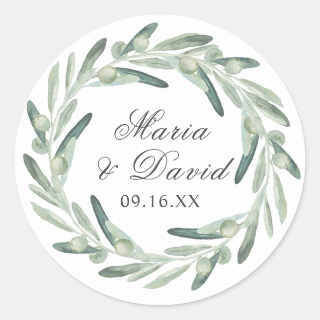 Elegant Olive Sprig Greenery Script Classic Round Sticker (Front)