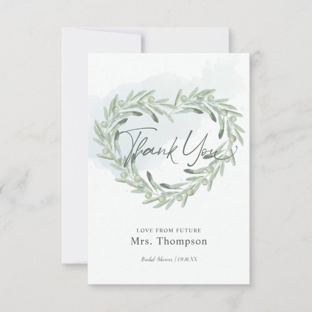 Elegant Olive Sprig Heart Wreath Bridal Shower Thank You Card (Front)
