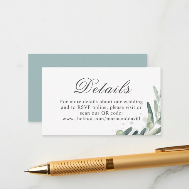 Elegant Olive Sprig Wedding Details QR Code Enclosure Card (Front/Back In Situ)