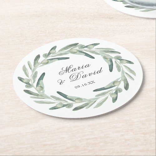 Elegant Olive Sprig Wreath Greenery Wedding Favor Round Paper Coaster