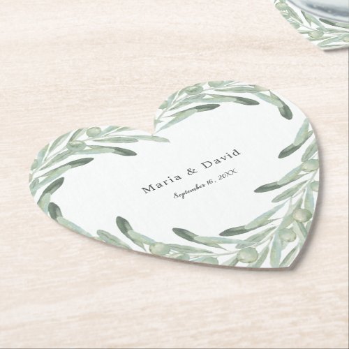 Elegant Olive Sprig Wreath Wedding Favor Heart Paper Coaster
