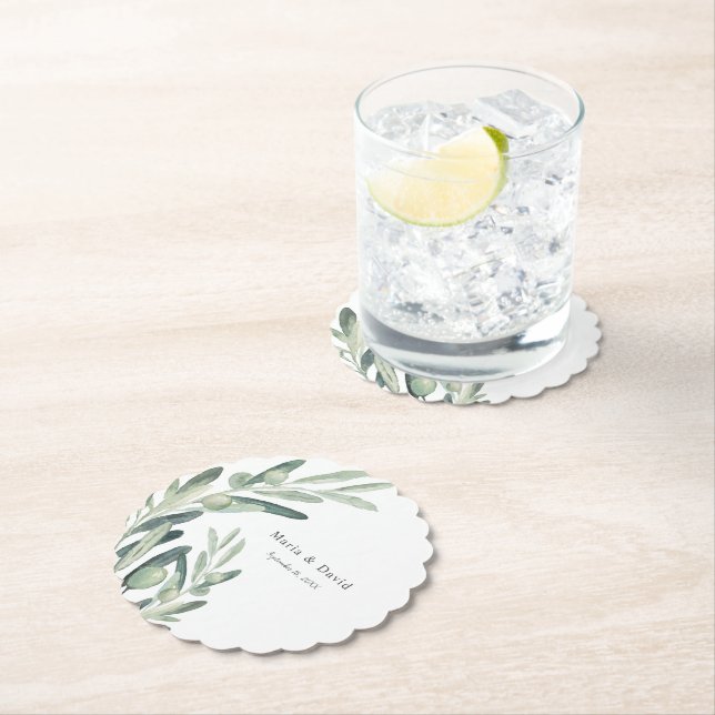 Elegant Olive Sprig Wreath Wedding Favor Paper Coaster (Insitu)