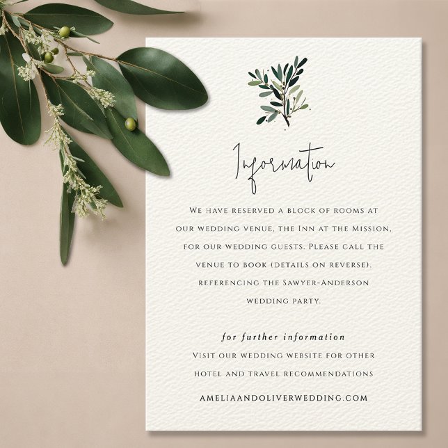 Elegant Olive Tree Branch Wedding Enclosure Card (Olive tree branch wedding invitation suite enclosure card, information card, hotel details card)