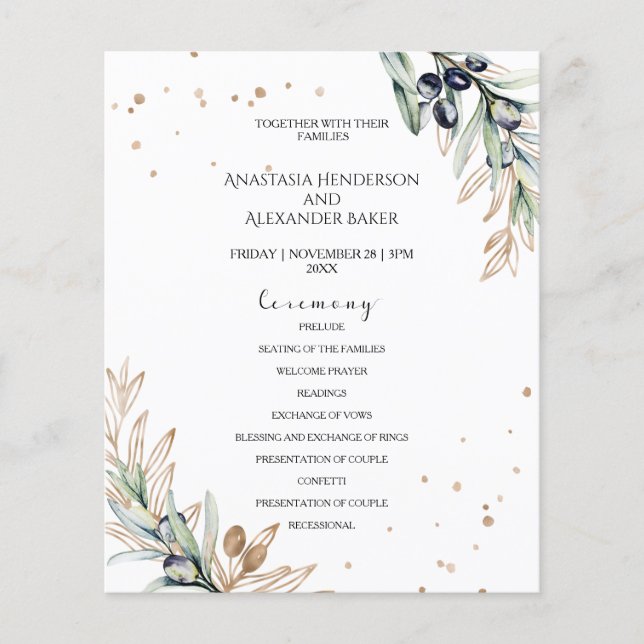 Elegant olive Wedding Program card. Flyer (Front)