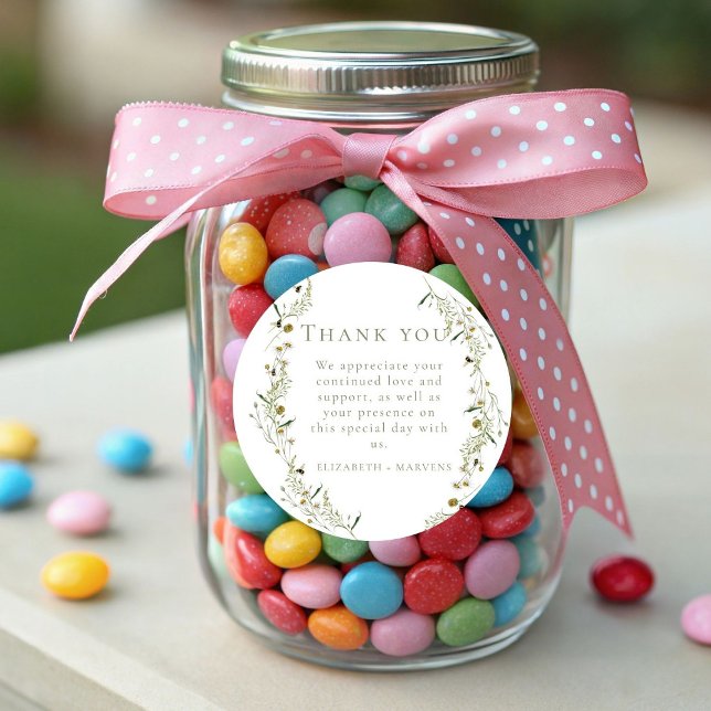 Elegant Olive Wildflower Wedding Thank You Classic Round Sticker (Creator Uploaded)