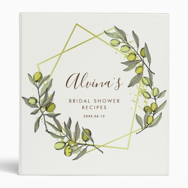 Elegant Olive wreath Bridal shower Recipe cookbook 3 Ring Binder (Front)