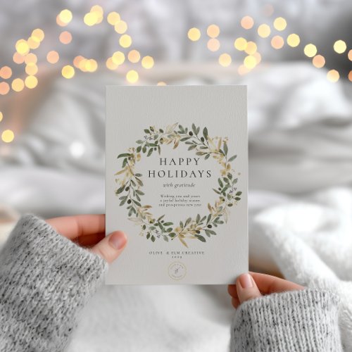 Elegant Olive Wreath Corprate Logo Holiday Card