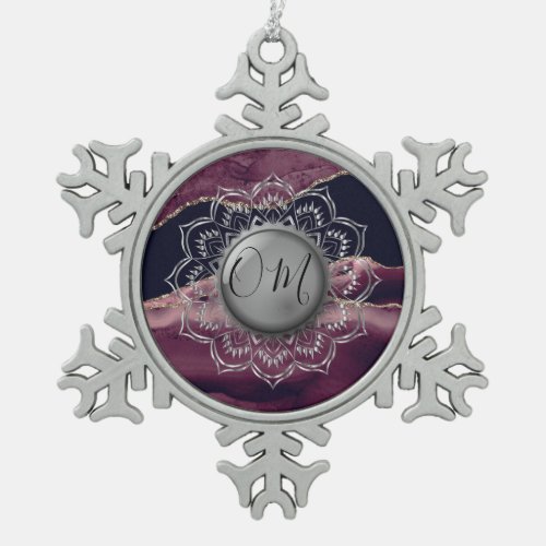 Elegant OM Mandala Marble Snowflake Pewter Christmas Ornament