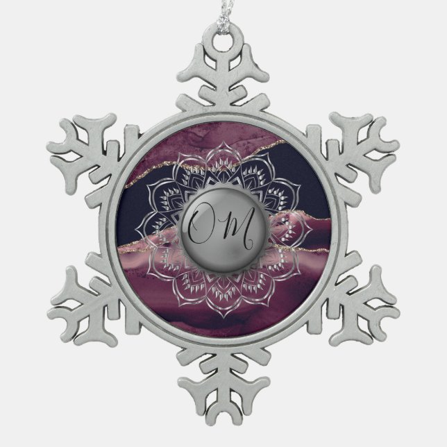 Elegant OM Mandala Marble Snowflake Pewter Christmas Ornament (Front)