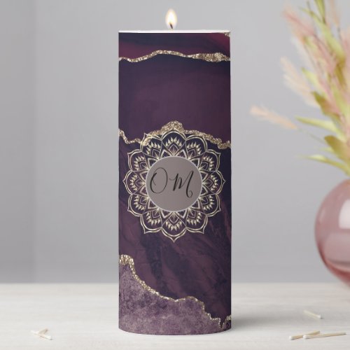 Elegant OM Mandala on Purple Agate Pillar Candle