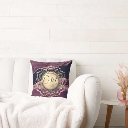 Elegant OM Mandala Purple Gold Agate Throw Pillow