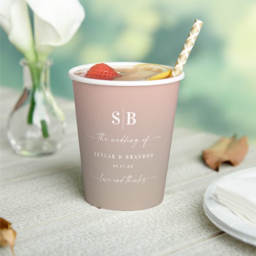 Elegant Ombre Blush  Beige Monogrammed Wedding Paper Cups