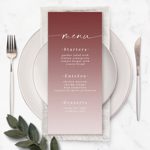 Elegant Ombre Cinnamon Red  Powder Pink Wedding Menu