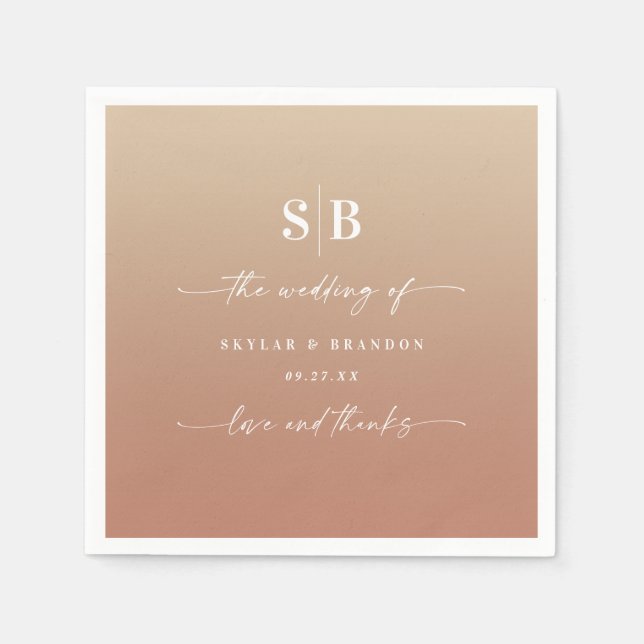 Elegant Ombre Clay & Gold Monogrammed Wedding Napkins (Front)