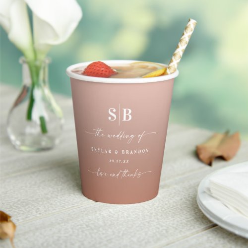 Elegant Ombre Clay  Pink Monogrammed Wedding Paper Cups