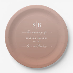 Elegant Ombre Clay & Pink Monogrammed Wedding Paper Plates