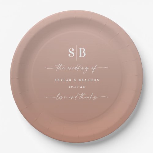 Elegant Ombre Clay  Pink Monogrammed Wedding Paper Plates