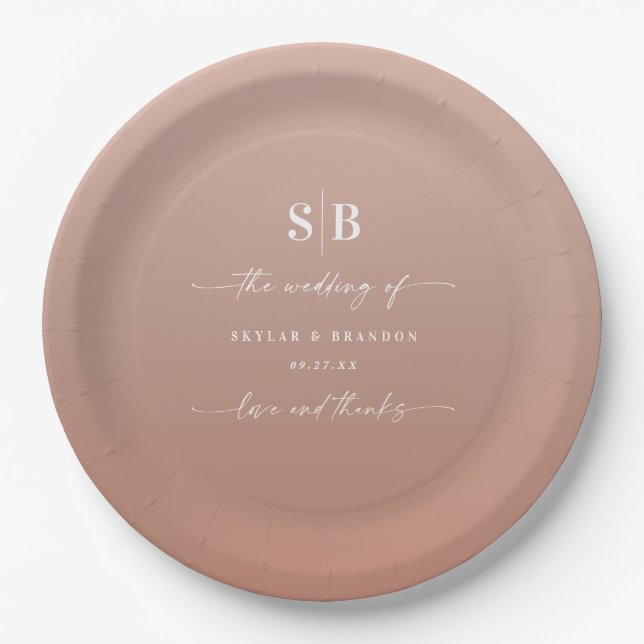 Elegant Ombre Clay & Pink Monogrammed Wedding Paper Plates (Front)