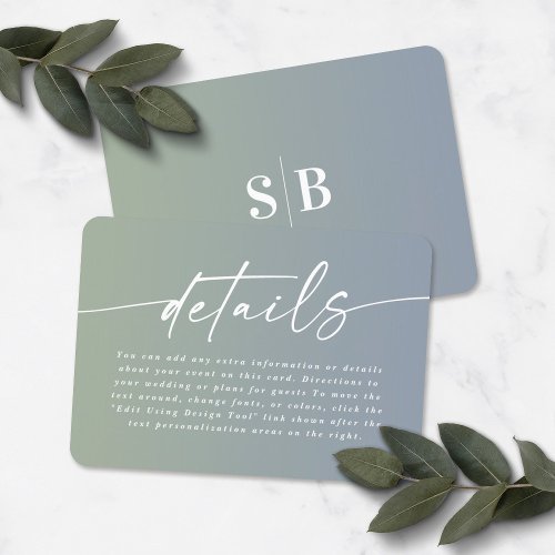 Elegant Ombre Dusty Blue  Green Wedding Details Enclosure Card