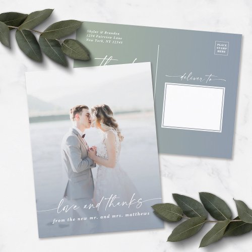 Elegant Ombre Dusty Blue Wedding Photo Overlay Postcard