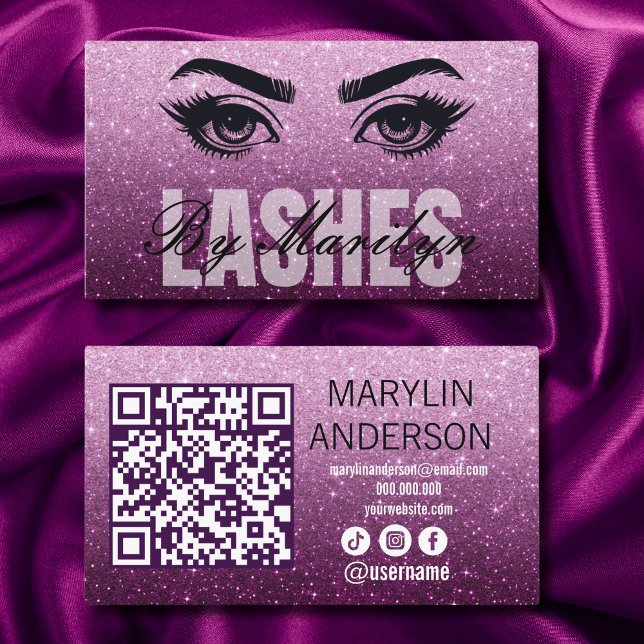 Elegant Ombre Glitter Lash Technician with QR Code Business Card (Creator Uploaded)