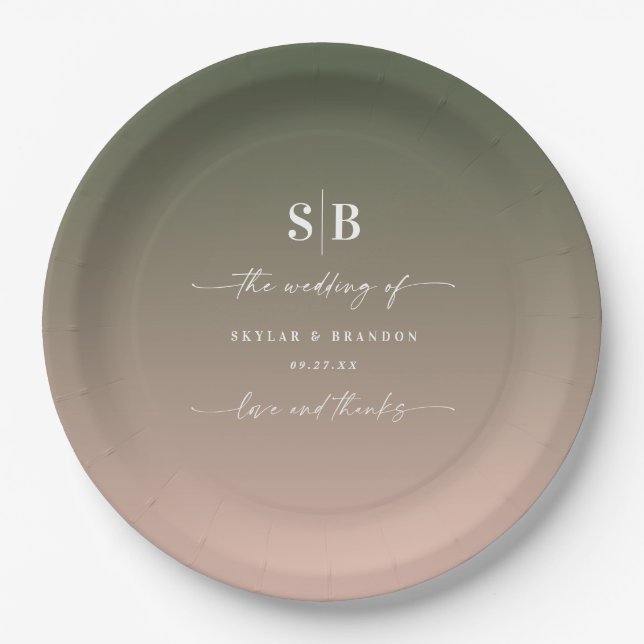 Elegant Ombre Green & Pink Monogrammed Wedding Paper Plates (Front)
