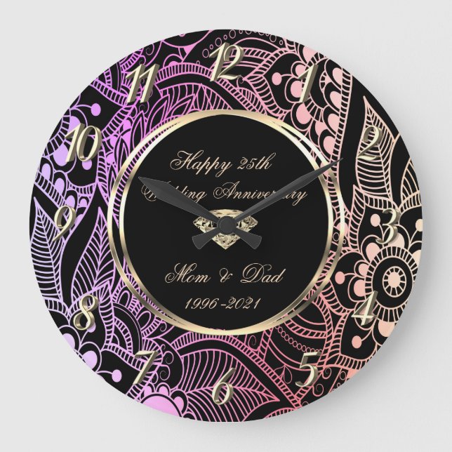 Elegant Ombre Mandala 25th Wedding Anniversary Large Clock (Front)
