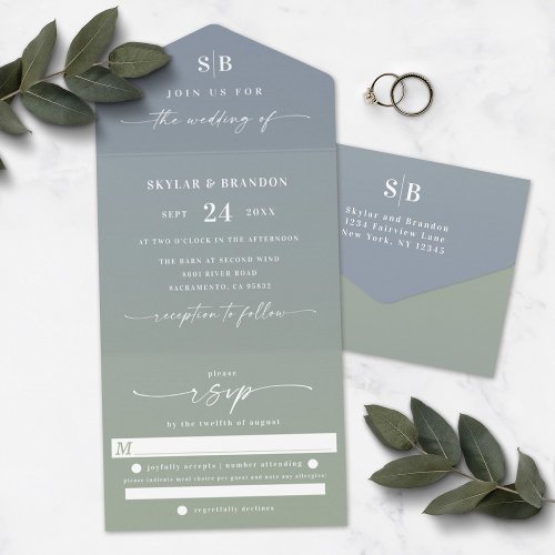 Elegant Ombre Monogram Dusty Blue  Green Wedding All In One Invitation