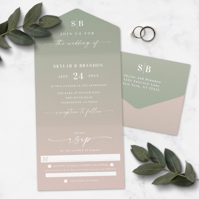 Elegant Ombre Monogram Green & Blush Pink Wedding All In One Invitation (Creator Uploaded)