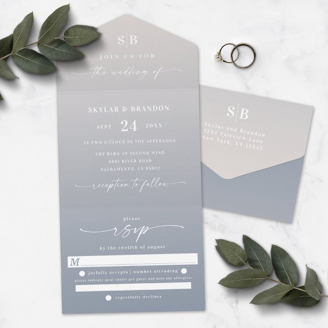 Elegant Ombre Monogram Ivory & Dusty Blue Wedding All In One Invitation (Creator Uploaded)