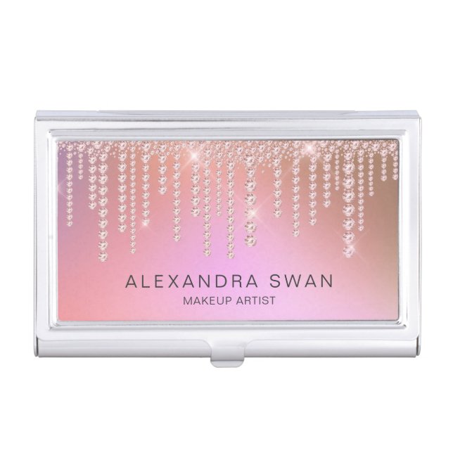 Elegant ombre pink & purple diamonds makeup artist business card case (Front)