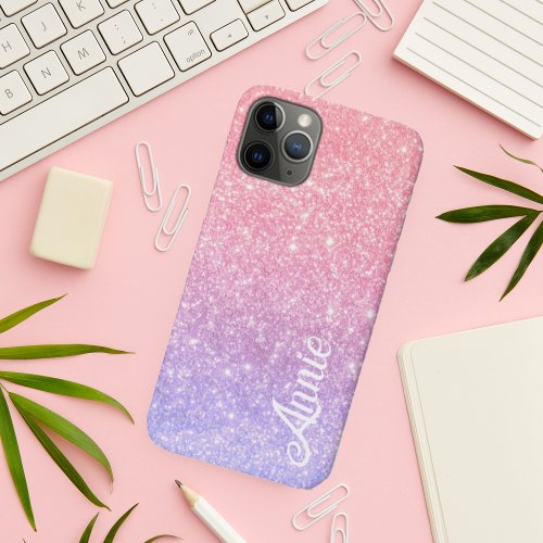 Elegant Ombre Pink Purple Faux Glitter Name iPhone 11 Pro Case