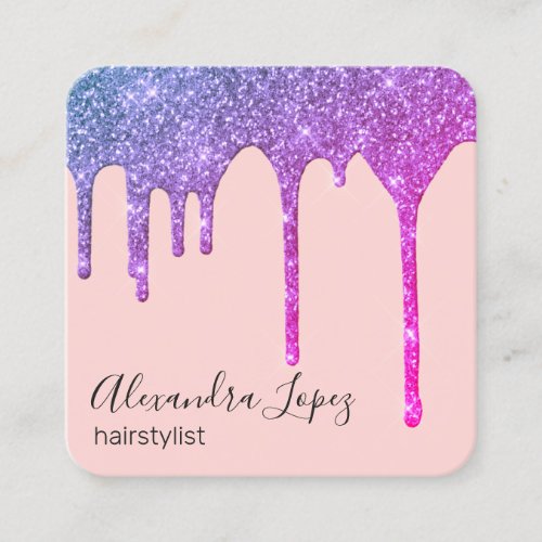 Elegant ombre purple glitter drips hairstylist square business card
