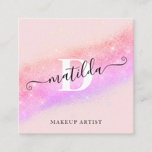 Elegant ombre purple pink glitter makeup artist square business card