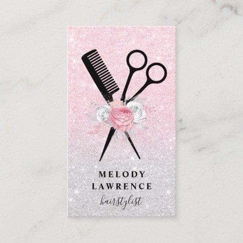 Elegant ombre rose gold scissors comb hairstylist business card