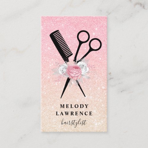 Elegant ombre rose gold scissors comb hairstylist business card