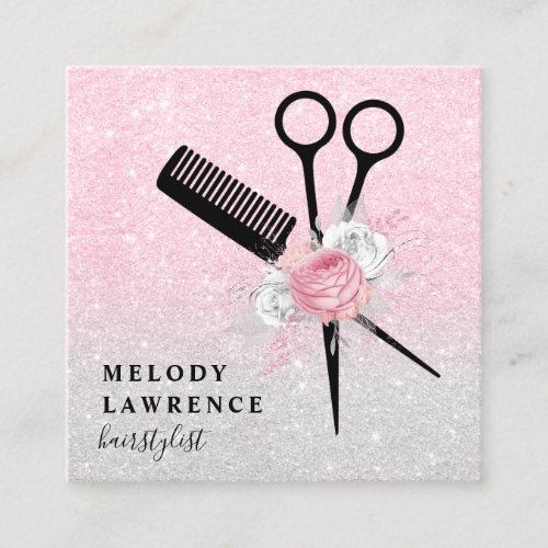 Elegant ombre rose gold scissors comb hairstylist square business card