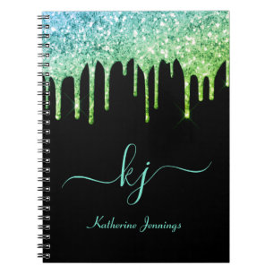 Elegant Ombre Teal Glitter Drips Monogram Script Notebook
