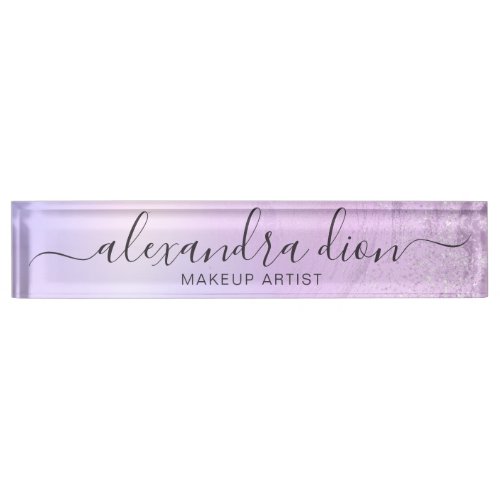 Elegant ombre violet glitter marble makeup artist desk name plate