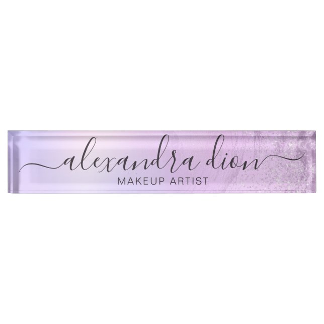 Elegant ombre violet glitter marble makeup artist desk name plate (Front)